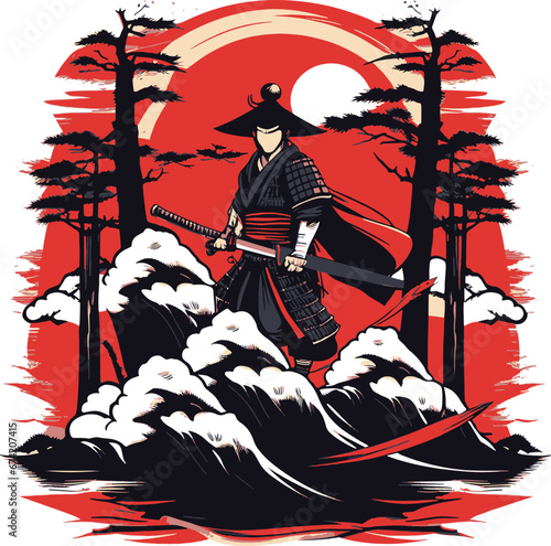 a samurai warrior standing firmly above the waves of water 