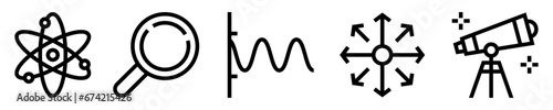 Conjunto de iconos de física. Termodinámica, movimiento, velocidad, fuerza. Átomo, lupa, onda, vector, telescopio. Ilustración vectorial