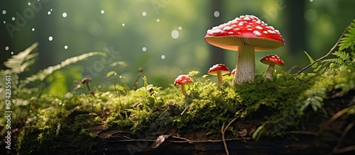 Toxic red mushroom known as the panther cap can be found in the forest amidst green foliage It is also referred to as the false blusher amanita mushroom