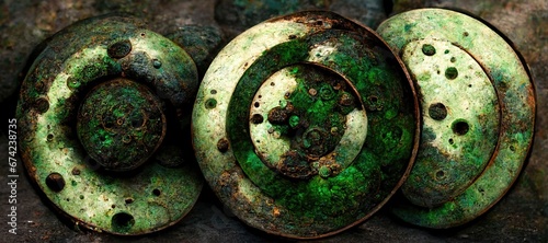 Abstract grunge texture of emerald green oxidized copper metal round discs, circles within circles. 