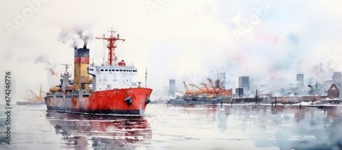 Creating an artwork using watercolor A tugboat securing a cargo vessel in the harbor