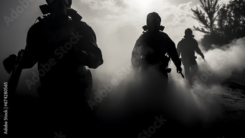 chemical gas attack imitation. silhouettes of people in gas masks black and white fog and smoke.