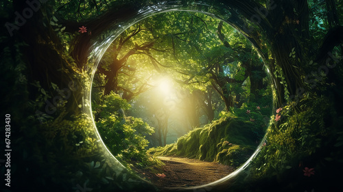 round tunnel frame arch entrance in green trees eco forest nature postcard copy space.