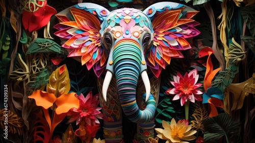 A colorful paper elephant statue surrounded by flowers and leaves. Generative AI.