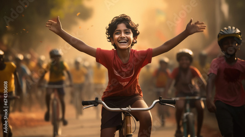 Little boy giving winning gesture in cycle race