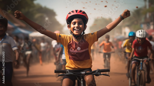 Little boy giving winning gesture in cycle race