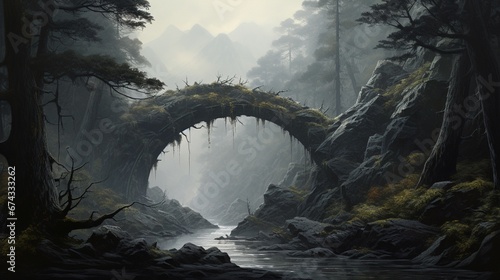 Obsidian Bridge Shrouded in Mist, Framed by Enigmatic Trees in the Distance