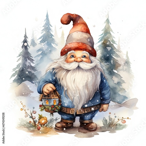 Watercolor Christmas illustration of a garden gnome