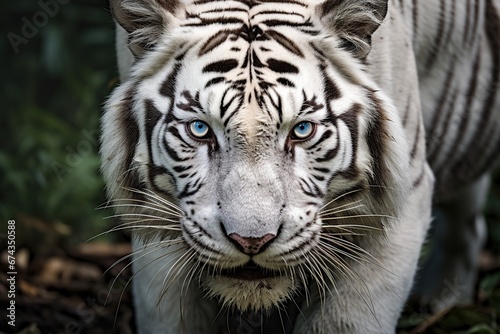 Close up of white tiger with blue eyes in the wild nature.
