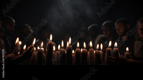 International Holocaust Remembrance Day. Burning candles on dark surface by human beings 
