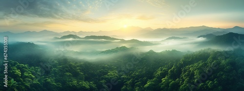Beautiful green amazon forest landscape at sunset sunrise. Adventure explore air dron view vibe. Graphic Art