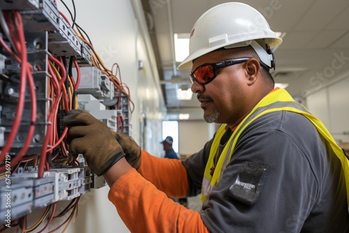 A skilled electrician carefully installing wiring and electrical components in a newly constructed building, wearing safety gear and a hard hat.
