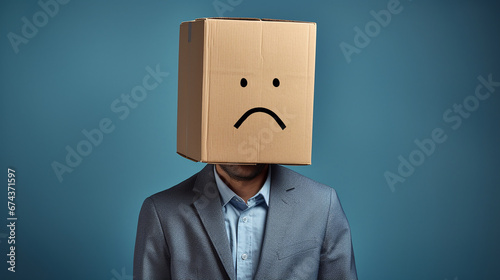 Businessman with a cardboard box on his head, a sad face. Blue Monday Concept