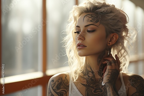 Close-up portrait of beautiful young long-haired girl with tattoos wearing a fantasy costume. Character of Scandinavian cult and mystic pagan rituals, charming witch in a mysterious place. Halloween.
