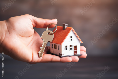 Hand holding house model and key. Home Insurance and real estate investment. Mortgage, home loan concept
