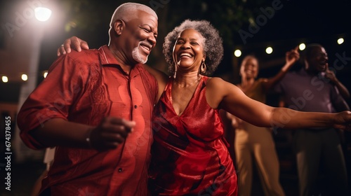 A content senior African American couple dancing salsa at a social event