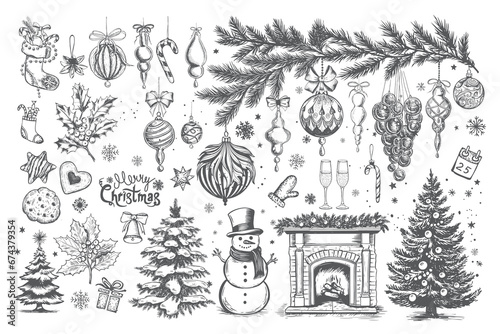 Christmas set in sketch style. Hand drawn illustration. 