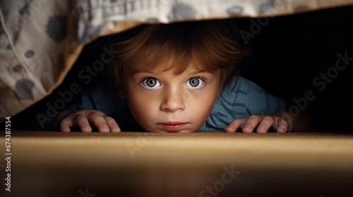 Boy hiding under the bed with fear face
