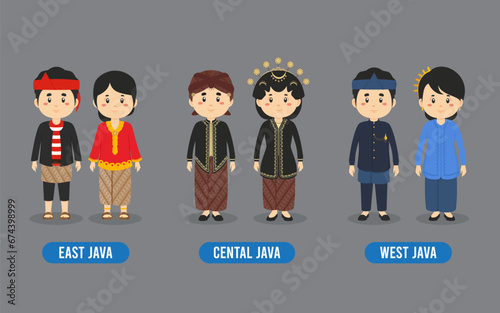 Set of Javanese Indonesian Wearing Traditional Outfit