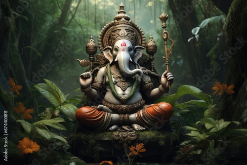 Lord Ganesha sitting in meditating yoga pose in jungle.