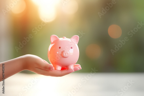 pastel piggy bank on child hand