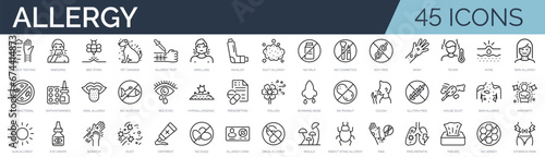 Set of outline icons related to allergy. Linear icon collection. Editable stroke. Vector illustration