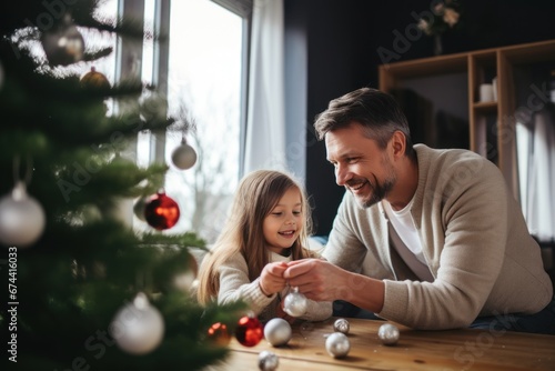 Father and daughter decorate a Christmas tree