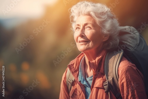 Senior woman hiking at sunset. Forest adventure walk trekking active. Generate Ai