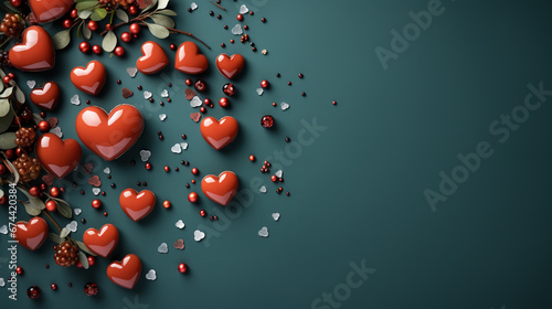 Valentin day concept. red heart. Green background. Minimal valentins or birthday idea.