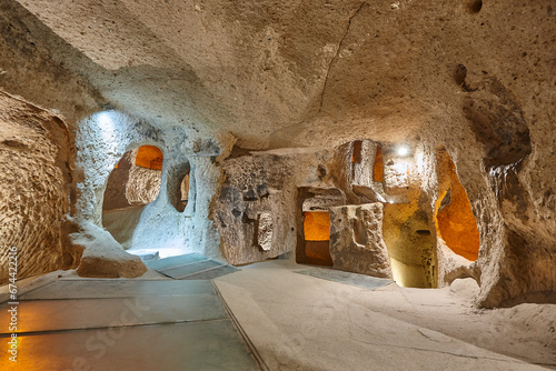 Interior corridor in ancient underground city of Kaymakli. Cappadocia, Turkey