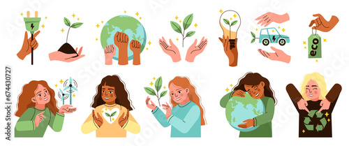 People save planet. Cartoon cute girls with green ecological symbols, hyman hands with environment elements, women hugging love earth. Ecology protection, nature activists, tidy png set