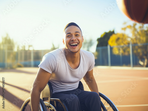 Sporty young man with ball sitting in wheelchair outdoors at basketball court. Basketball player, portrait of man in wheelchair for sports, fitness and training game on court. 