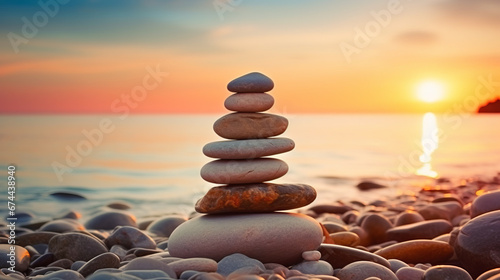 stack of zen stones on the beach, sunset and ocean in the background