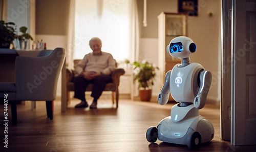 Smart robot helping elderly at home or in retirement home. Elderly Care Robot In the Intelligent Hospital, Concept, Artificial Intelligence, Consultancy Services and Health Care with Future Robots.