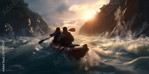 Paddling the kayak in the calm tropical bay at sunset, Extreme sports concept