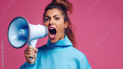 Young fun strong sporty fitness trainer instructor woman wear blue tracksuit spend time in home gym scream megaphone announces discounts sale isolated on plain pink background.