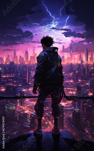 A cyberpunk anime hero standing on a rooftop at night with a view of the city