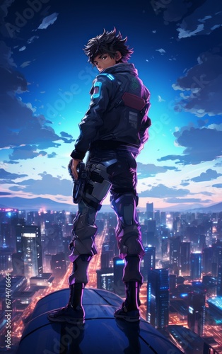 A cyberpunk anime hero standing on a rooftop at night, overlooking a neon - lit cityscape