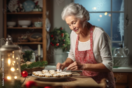 Beautiful elder woman in her kitchen baking Christmas cookies or biscuits