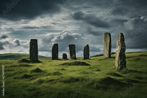 Stone Pillars In Green Grass Under Cloudy Sky. Сoncept Nature Landscape, Architectural Elements, Cloudy Weather, Greenery, Stone Pillars