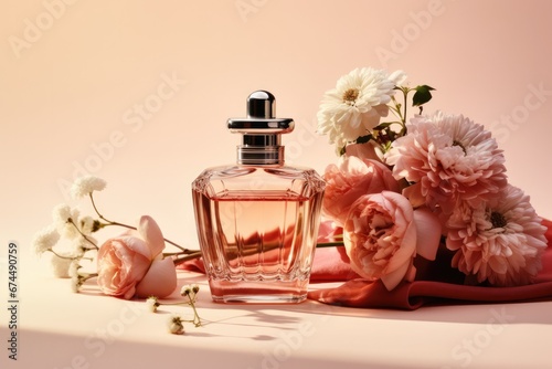 Stylish Perfume Composition With Bottles And Flowers