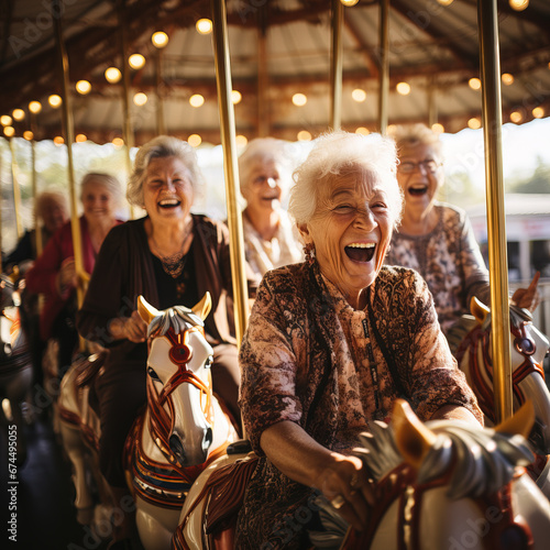 group of senior friends riding carousel at amusement park