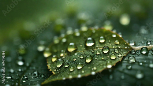 Collection of water droplets on a leaf focusing on one area of the leaf with a dewdrop or raindrop in sharp detail. The design is on a micro scale.