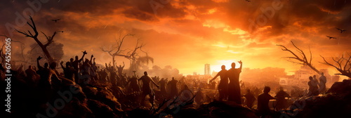 apocalyptic cityscape overrun by creepy zombies emerging from graves.