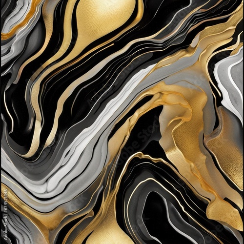 Set of abstract geometric prints, Modern Nordic black and golden art. 3d abstract black and silver art. Curvy lines in drawing resin geode functional art, Generative AI