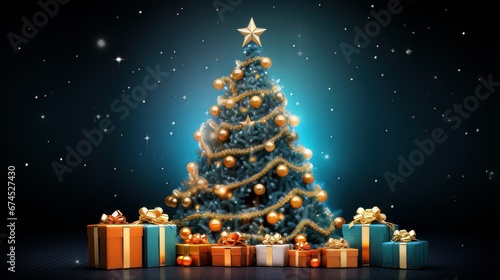 Árbol de Navidad decorado con bolas doradas y regalos con un fondo de estrellas.
