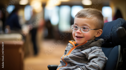 A little boy with Down syndrome smiles while sitting in a wheelchair.