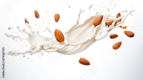 Fresh natural almond milk splash swirl with almonds isolated.