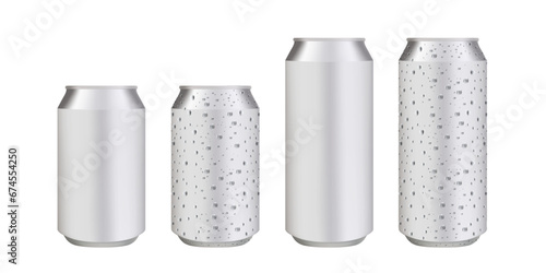 Realistic standard and long aluminium cans with water drops. Vector silver cans of cold beverages, soft drink and energy drinks. Realistic vector aluminium cans with condensation droplets. Vector.