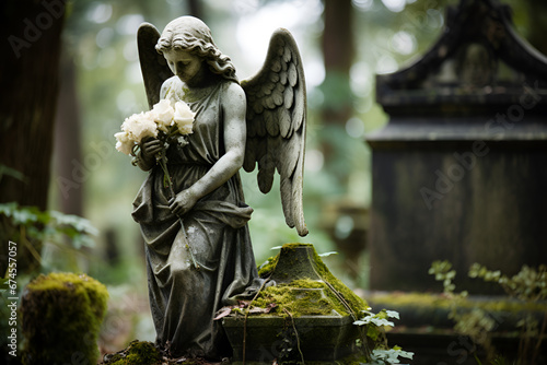 Obsolete statue of an angel with a cross on burial in the cemetery